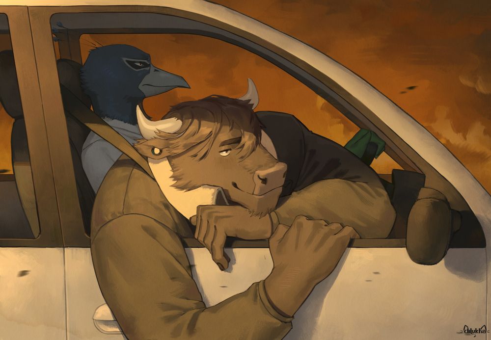The characters P (an anthropomorphic peacock) and Storm (a minotaur) from the visual novel Minotaur Hotel, both sitting inside a car. Storm leans on the window frame with a smile, lit by the sunset with wind blowing on his face, while P drives with a pained expression.