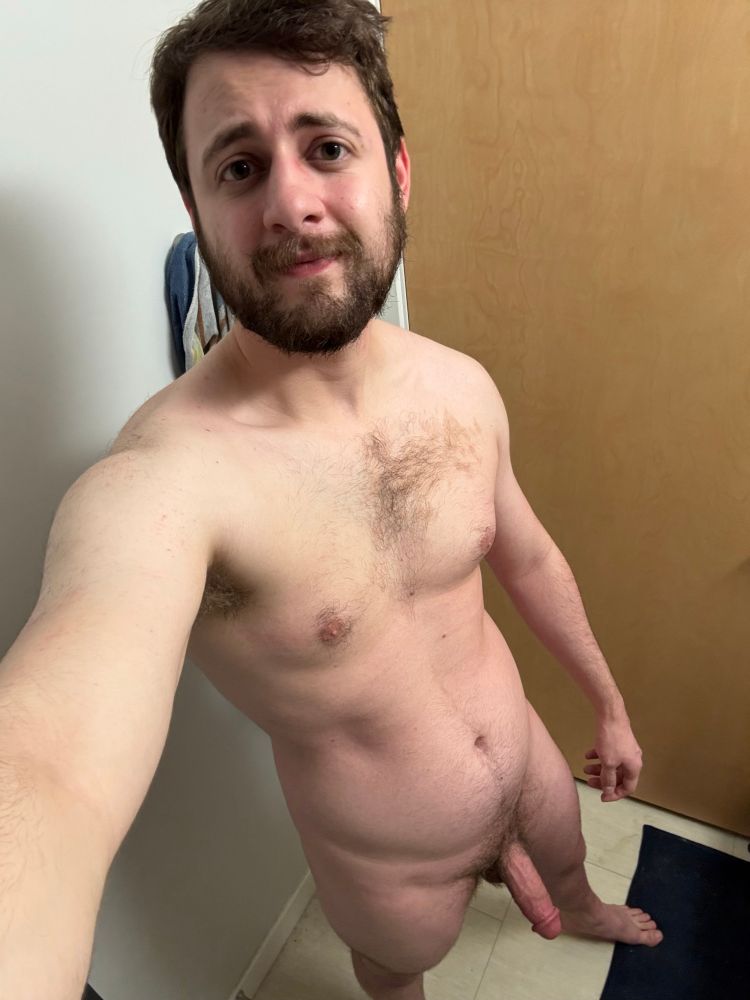 Naked standing up semi hard cock out 