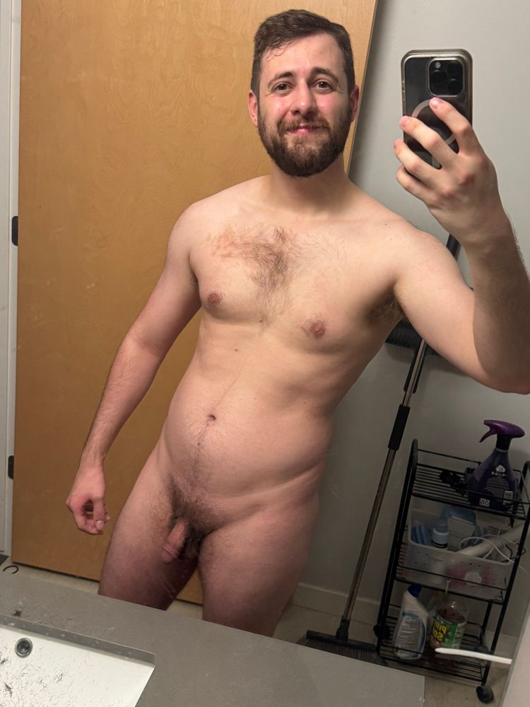 Me sweaty and naked in mirror with soft cock 