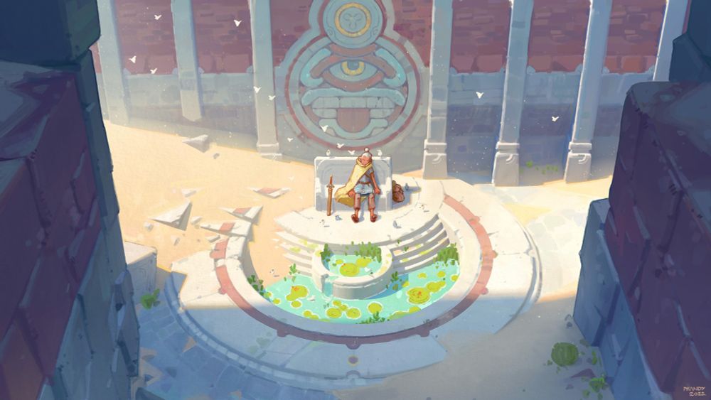 A lone adventure rests on a stone bench by an overgrown pool, bathed in sunlight surrounded by the ruins of an ancient civilization.