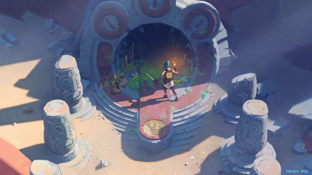A moments hesitation as our adventurer, torch in hand, approaches the entrance to the dungeon. Darkness lies within, watchful statues nearby, the opening like a monsters cavernous mouth.