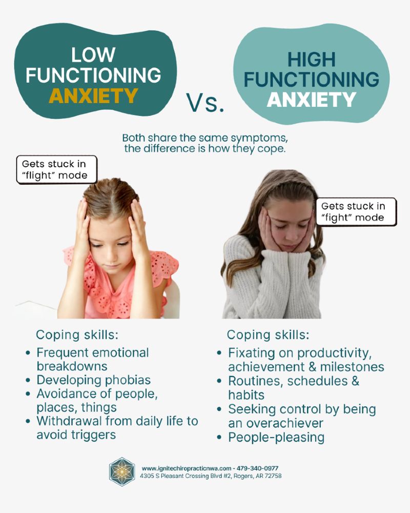 Side-by-side image of a girl holding her face with both hands, representing two types of anxiety. The left side shows "Low Functioning Anxiety" with signs like emotional breakdowns, avoidance, and withdrawal. The right side shows "High Functioning Anxiety" with signs like overachievement, strict routines, and people-pleasing. Text explains that both share symptoms but differ in coping mechanisms.