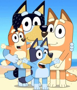 the family of heelers from bluey. from left: bingo, bandit, bluey, chilli.