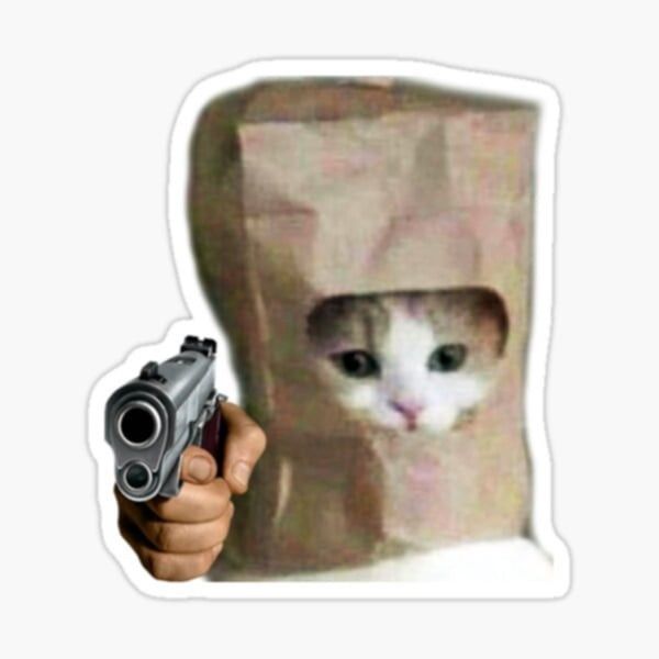 Cat in brown paper bag holding gun 