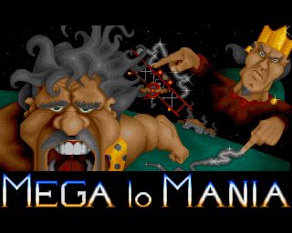The title screen of Mega lo Mania on the Amiga. A king like God figure summons a biplane into being above an Iron Age village. In the foreground is an angry looking caveman  