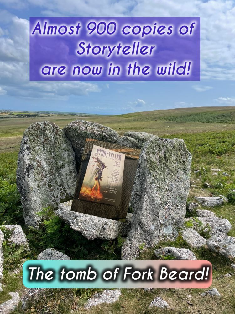The tumbled stones that make up the tomb of the Norseman fork bears w/ a pic of storyteller and the text almost 900 copies are now in the wild!