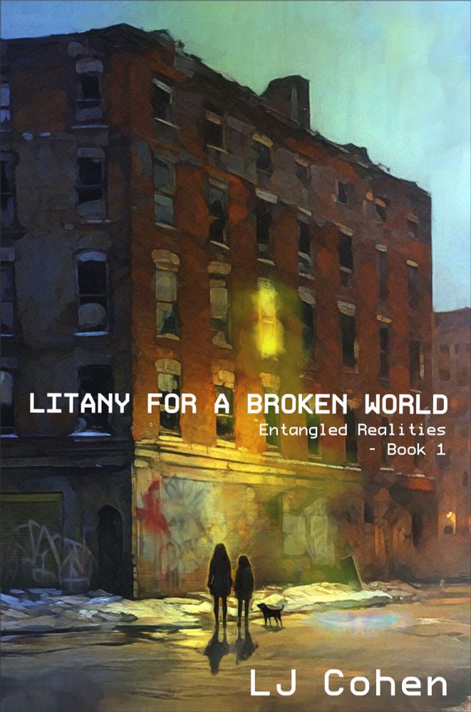 A derelict brick building with 2 people silhouetted against the bleak backdrop 