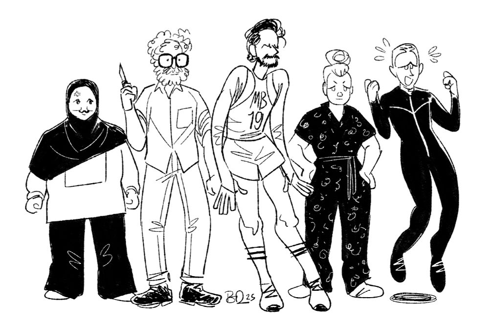 An illustration of the cast of Taskmaster series 19. From left to right: Fatiha El-Ghorri, Jason Mantzoukas, Mathew Baynton, Rosie Ramsey, and Stevie Martin.