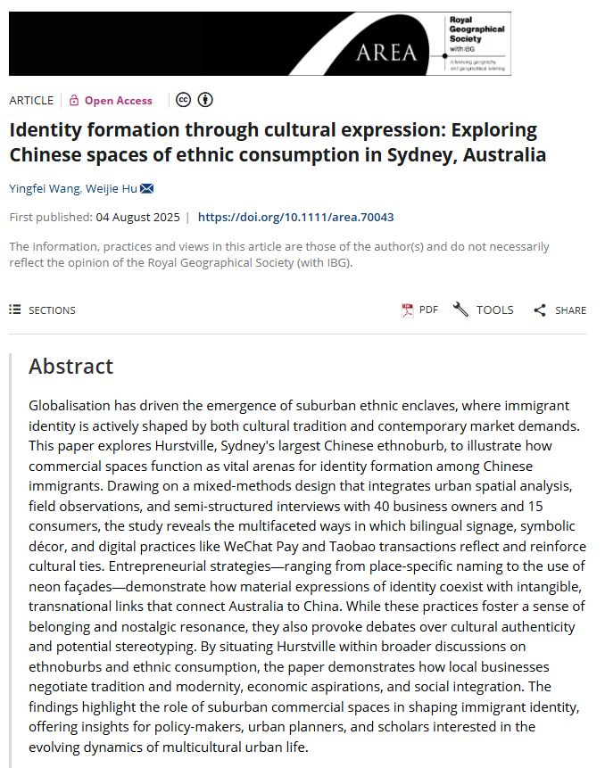 Screenshot of a paper abstract in Area by Yingfei Wang & Weijie Hu (2025) entitled: 'Identity formation through cultural expression: Exploring Chinese spaces of ethnic consumption in Sydney, Australia' with a black banner at the top.

Globalisation has driven the emergence of suburban ethnic enclaves, where immigrant identity is actively shaped by both cultural tradition and contemporary market demands. This paper explores Hurstville, Sydney's largest Chinese ethnoburb, to illustrate how commercial spaces function as vital arenas for identity formation among Chinese immigrants. Drawing on a mixed-methods design that integrates urban spatial analysis, field observations, and semi-structured interviews with 40 business owners and 15 consumers, the study reveals the multifaceted ways in which bilingual signage, symbolic décor, and digital practices like WeChat Pay and Taobao transactions reflect and reinforce cultural ties. Entrepreneurial strategies—ranging from place-specific naming to the use of neon façades—demonstrate how material expressions of identity coexist with intangible, transnational links that connect Australia to China. While these practices foster a sense of belonging and nostalgic resonance, they also provoke debates over cultural authenticity and potential stereotyping. By situating Hurstville within broader discussions on ethnoburbs and ethnic consumption, the paper demonstrates how local businesses negotiate tradition and modernity, economic aspirations, and social integration. The findings highlight the role of suburban commercial spaces in shaping immigrant identity, offering insights for policy-makers, urban planners, and scholars interested in the evolving dynamics of multicultural urban life.


