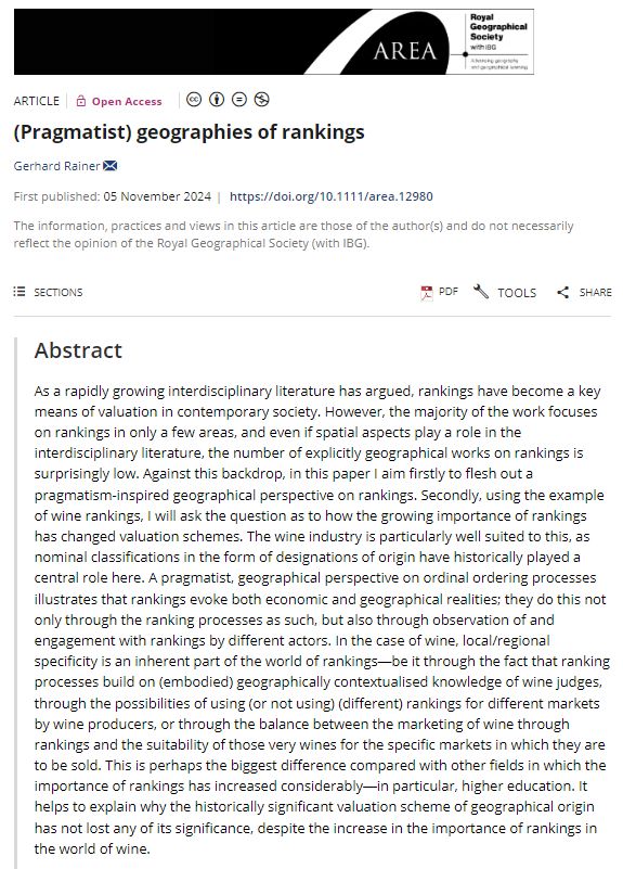 Screenshot of a paper abstract in Area by Gerhard Rainer (2024) entitled '(Pragmatist) geographies of rankings' with a black banner at the top.