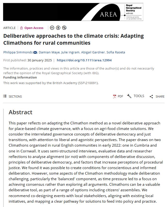 Screenshot of a paper abstract in Area by Philippa Simmonds, Damian Maye, Julie Ingram, Abigail Gardner & Sofia Raseta (2025) entitled 'Deliberative approaches to the climate crisis: Adapting Climathons for rural communities' with a black banner at the top.