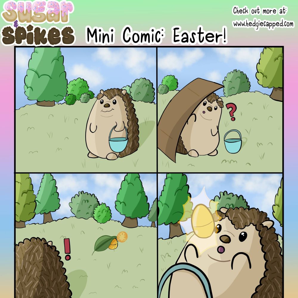 A comic of Bill looking for Easter eggs. 
Panel 1: Bill is looking around a field
Panel 2: Bill is looking under some cardboard
Panel 3: Bill sees something under a leaf
Panel 4: Bill found the golden egg! 