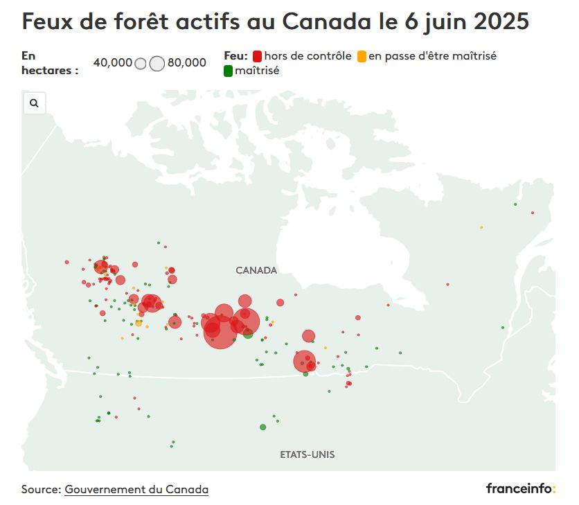 Une carte du canada représentant les incendies en cours
