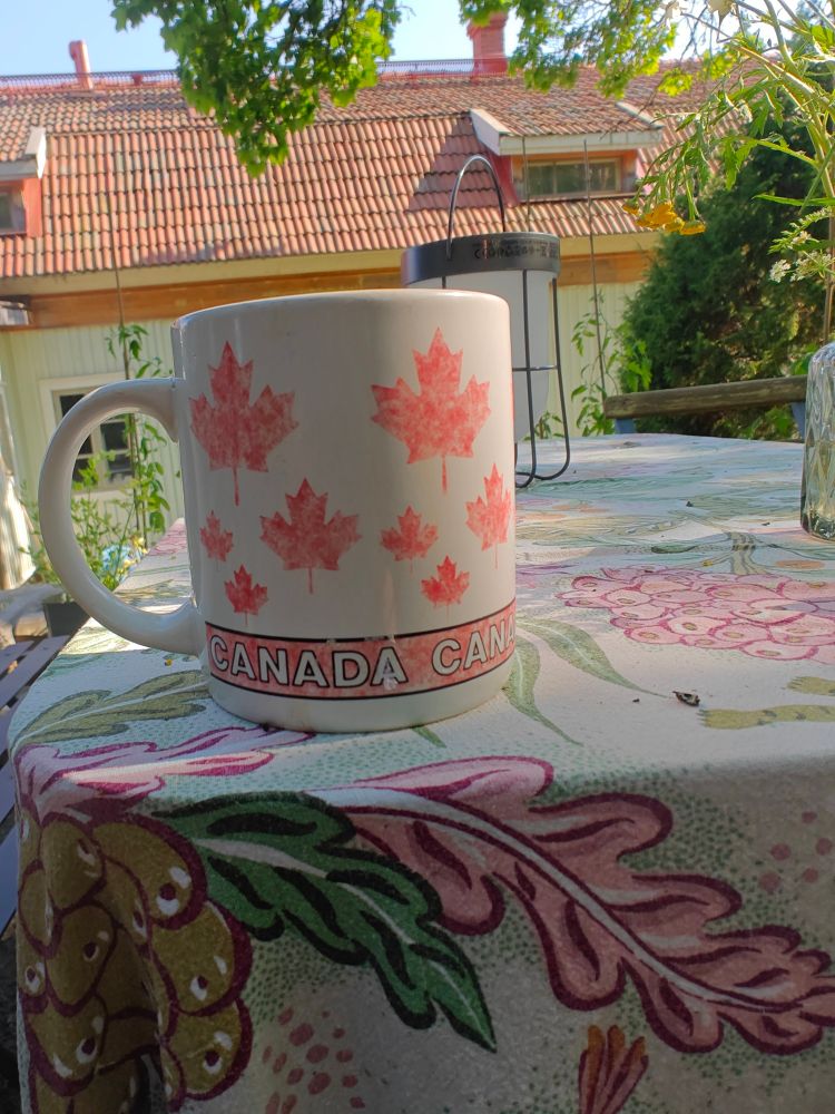 Vanha kulunut kahvikuppi jossa vaahteranlehtiä ja teksti "CANADA" Niin ruma, että on mun mielestä hieno.