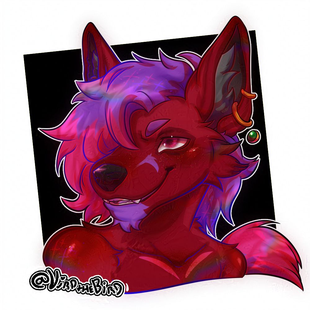 a digital drawing of a red and purple wolf/fox character , furry 