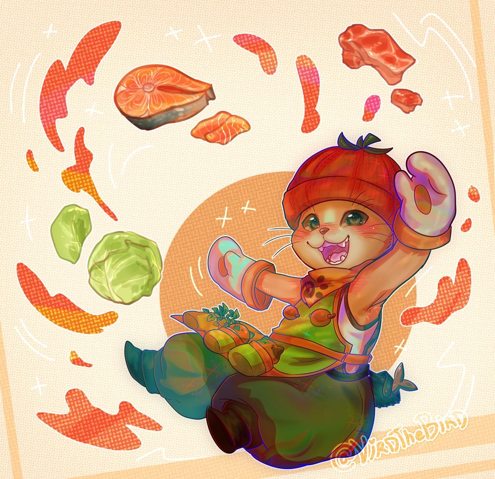 Tom, a Palico from monster hunter posing floating in a colorful void, with ingredients (lettuce, meat, fish) around him he seems pretty happy, digital art, character from monster hunter wilds