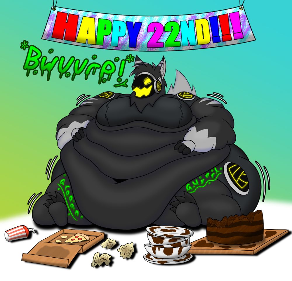 A morbidly obese protogen letting out a loud burp at its 22nd birthday.