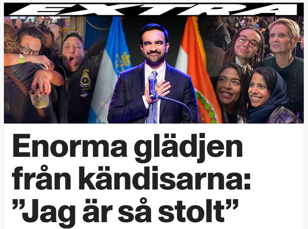 Aftonbladetrubbe: "Enorma glädjen från kändisarna: 'Jag är så stolt'.
Med bild på Zohran Mamdani