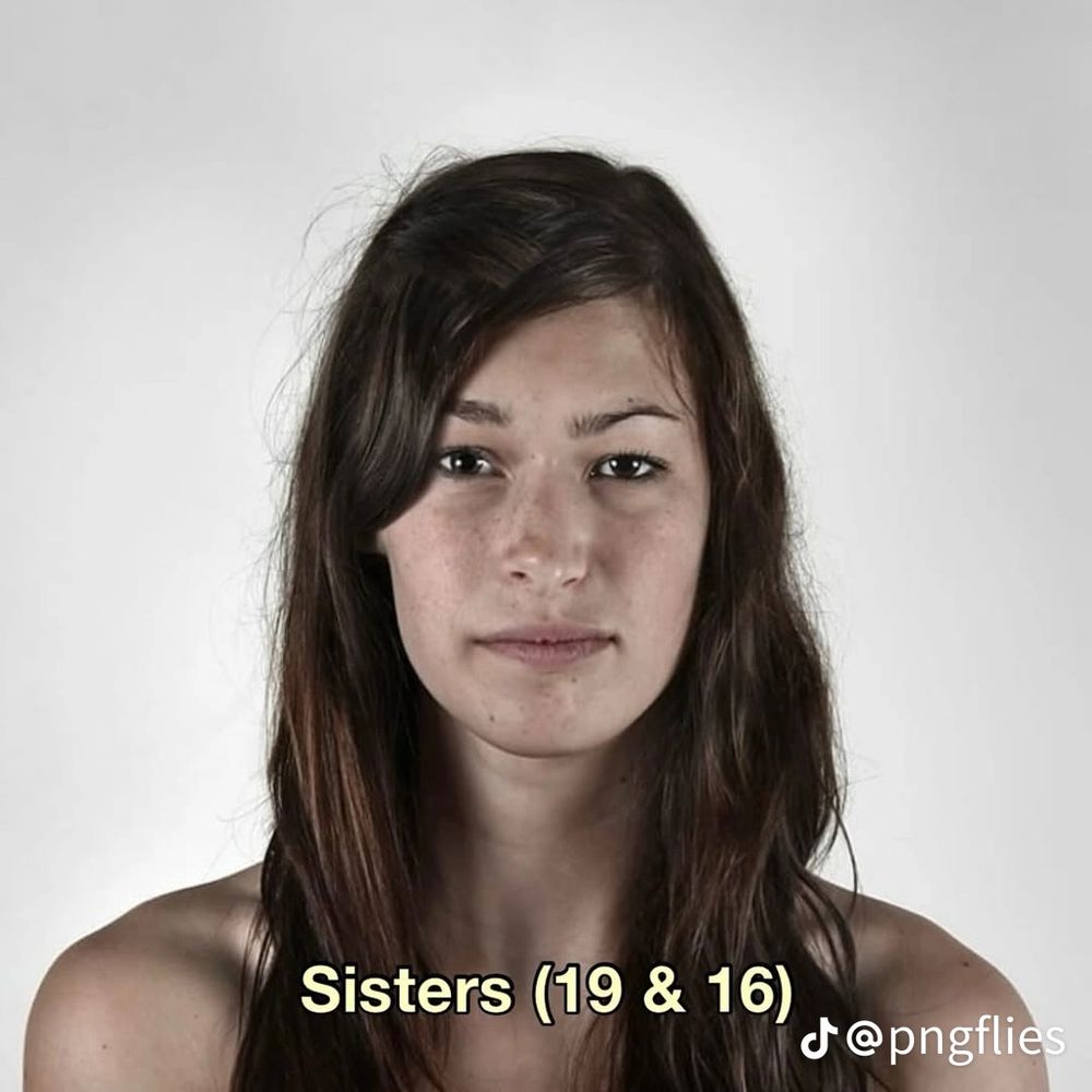 En porträttbild där ena halvan av ansiktet är ”syster, 19” och den andra “syster, 16”
