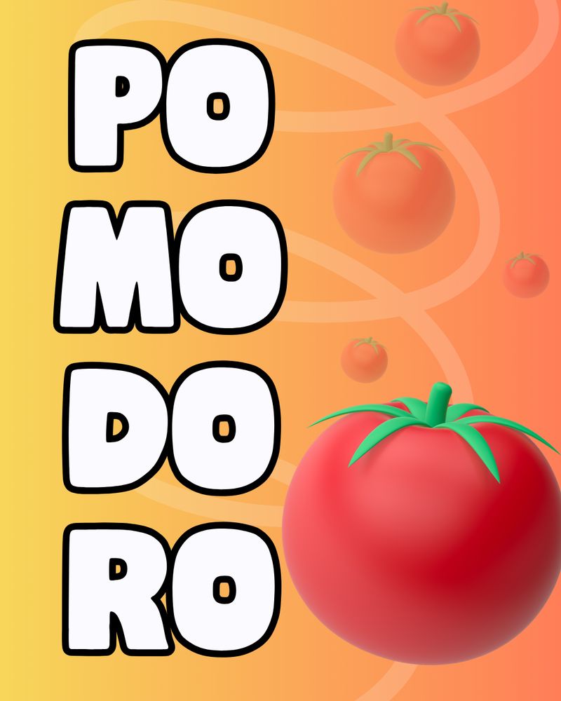 The word "POMODORO" in bold, white letters on a yellow to orange gradient background, with several red tomatoes.