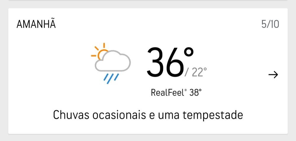 Previsão do tempo para amanhã, indicando máxima de 36 graus, chuvas ocasionais e possibilidade de uma tempestade.