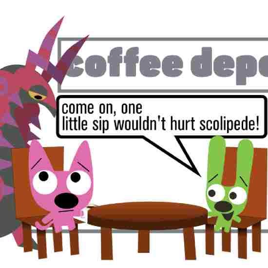 hoops and yoyo sitting outside of a coffee shop, hoops looks concerned as he's looking at a scolipede behind him. yoyo tells him that "one little sip wouldn't him scolipede".