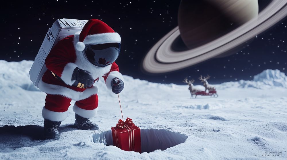 AI generated image of Santa Claus as an astronaut on Enceladus, lowering presents on a string into a hole in the ice. Saturn and reindeers in the background.