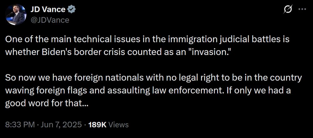 One of the main technical issues in the immigration judicial battles is whether Biden's border crisis counted as an "invasion." 

So now we have foreign nationals with no legal right to be in the country waving foreign flags and assaulting law enforcement. If only we had a good word for that...
