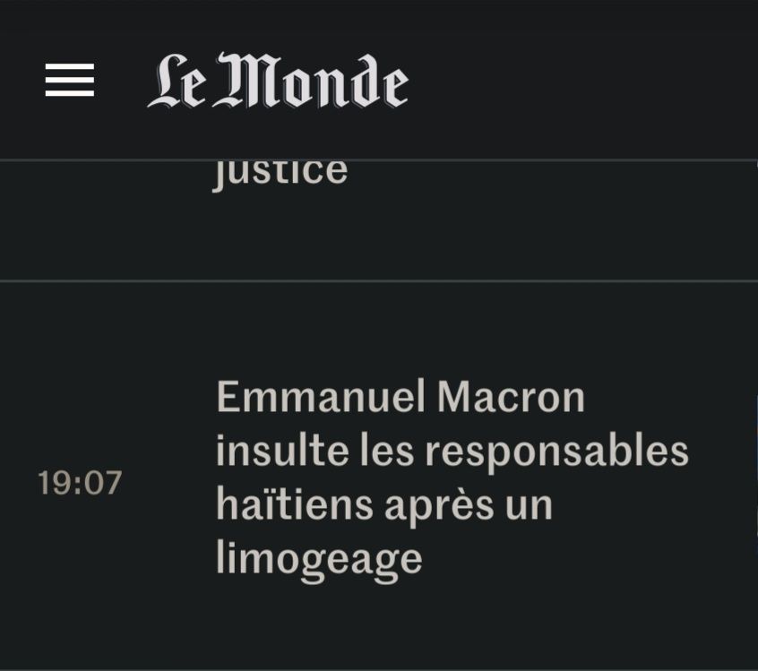 Capture d'écran du Monde.fr qui montre la brève "Emmanuel Macron insulte les responsables haïtiens apres un limogeoge" qui pointe vers l'article lié

