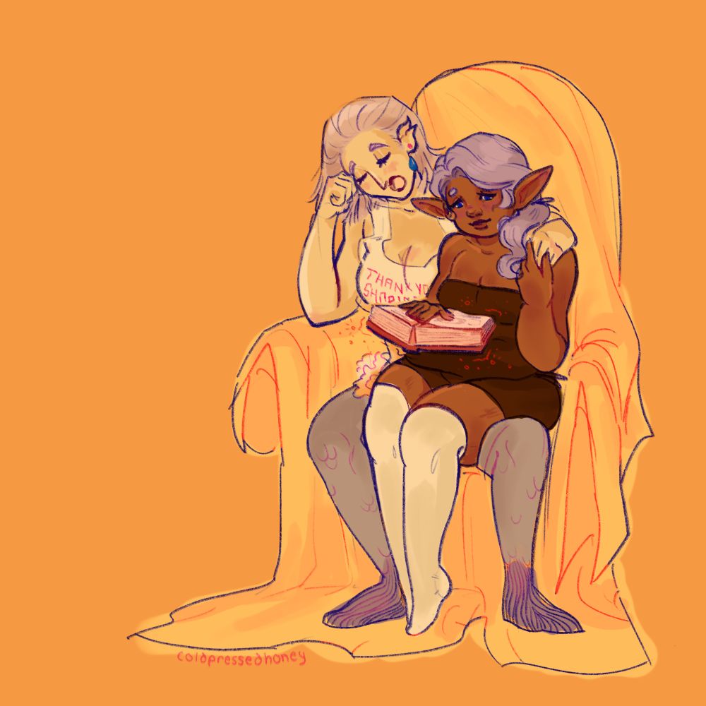 a couple sits together atop a linen draped chair, reading a book together. the taller of the two (ginger) has pale skin, a short cut grey bob, a single teardrop earring, finned ears, scaled legs, a plastic bag as a shirt, and is falling asleep in her own hand. the shorter of the two (juniper) sits on top of her lovers lap, with a hand keeping the pages open as magic keeps the book afloat. she has dark skin, a pale purple side ponytail, a skintight brown dress, and white knee high socks. she is looking down at the book, content, while her free hand gently holds the one her lover has placed on her shoulder.