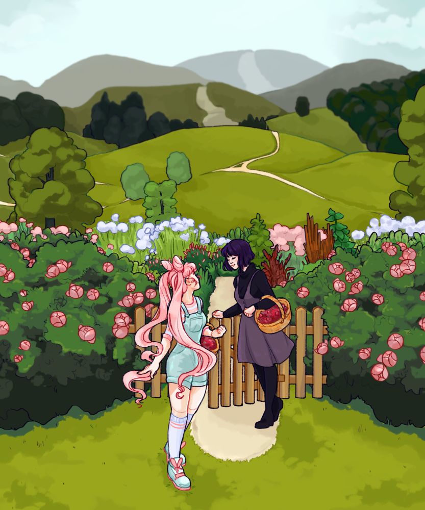 a digital illustration of teenage chibi usa and hotaru from sailor moon, returning home from gathering berries in a fenced in garden. chibi is wearing a blue pair of overalls and matching pink and blue accessories, while hotaru wears a black dress and outfit. both carry a full basket of strawberries each, while hotaru closes the fence behind them.