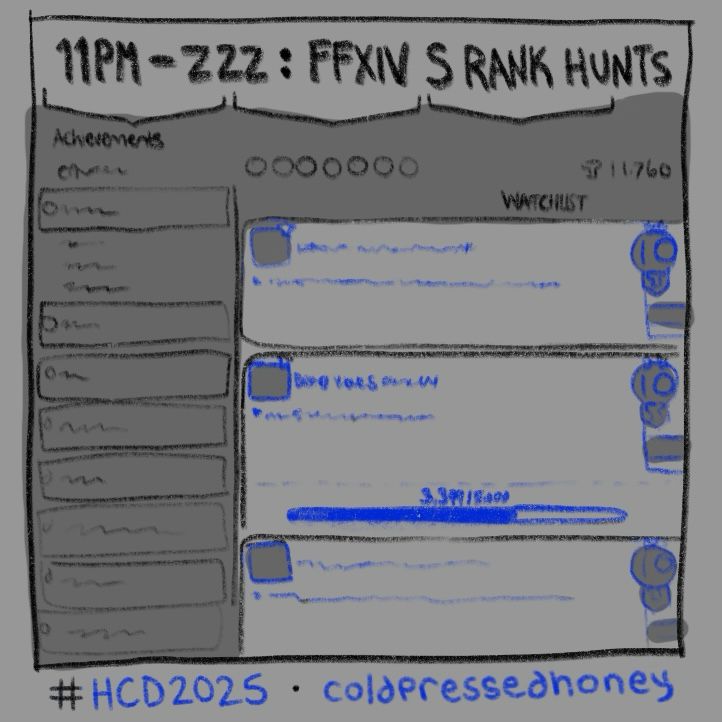 “11PM-ZZZZ: FFXIV S RANK HUNTS” a recreation of the final fantasy 14 achievement screen, focused on the achievement for 5,000 S ranks killed, which is at 3,399/5,000