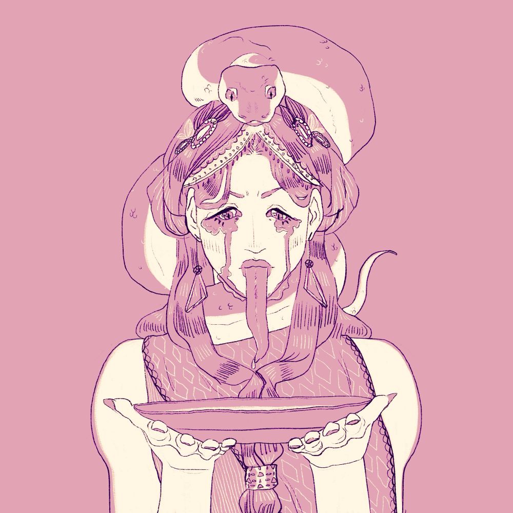 a monochromatic digital illustration in black, white, and lavender/pink of a woman with a snake curled atop her head, and around her neck. both the woman and snake are looking down into a thin and wide bowl of liquid that the woman is holding up to her chest. the woman is wearing layers of patterned fabric on her upper body and head. she cries big gloppy tears into the bowl below her as a long snake like tongue hangs from her closed lips.