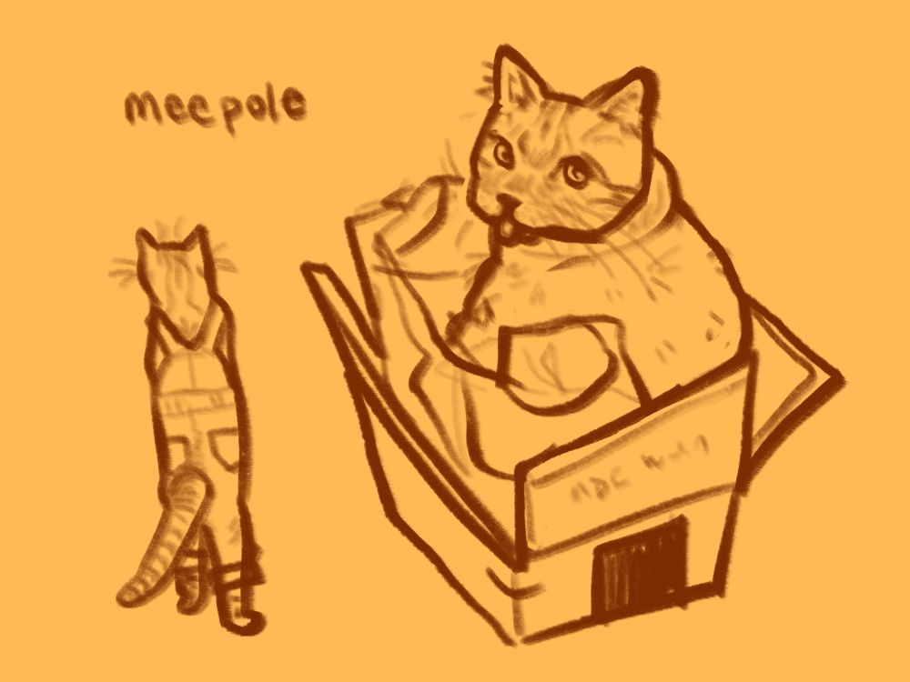 two digital sketches of my orange tabby cat Maple. one featurimg her standing on her hind legs looking out a window, but i’ve drawn a pair of overalls onto her, the other of her sitting in a box full of papers, with her tongue sticking out of her mouth. the text in the top corner reads “meepole”