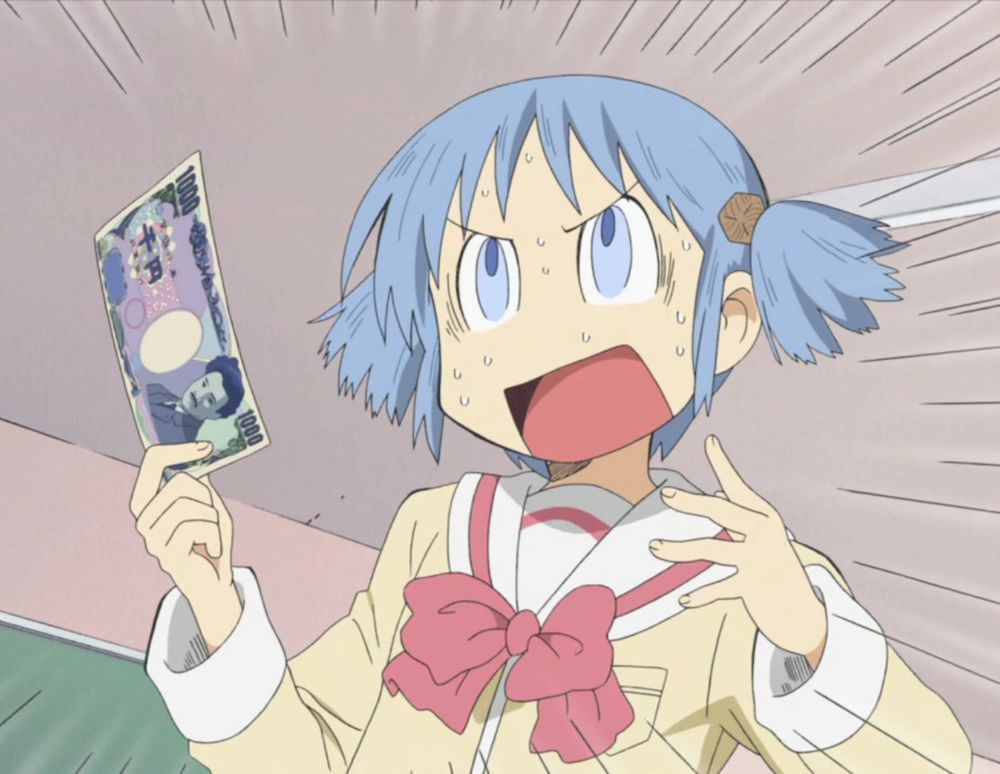 mio from nichijou (holding a crisp 1000 yen in her right hand)