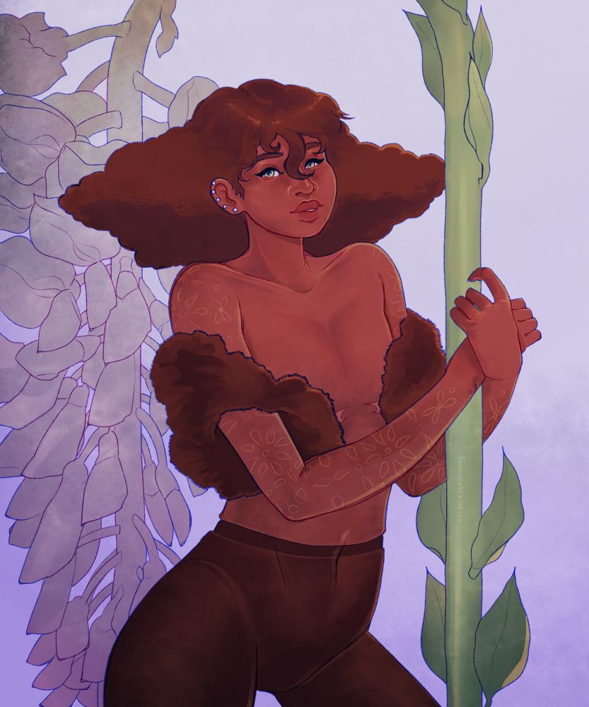 a half body digital illustration of a dark skinned woman (muse) with top scars and a large afro with her arms wrapped around an upscaled purple wisteria branch. the branch arches above and behind the woman, expanding into full blooms as it falls down her back. she is wearing dark brown transparent tights that come up to her waist, and a fluffy brown shrug around her arms. 5 simple stud stone earrings line her visible ear, and simple shapes are tattooed down both arms in a light gold hue.
