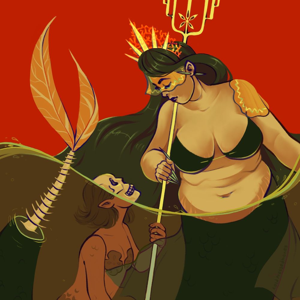 a fat mermaid with beautiful long green hair is standing halfway out of the water, looking down upon one of her subjects, whose face has become only bone upon breaching the surface as she looks lovingly up at her queen. the remainder of the subjects body remains intact underwater. the larger mermaid wears an intricate horned crown, and holds a similarly designed staff that her subjects clings to as she watches her.
