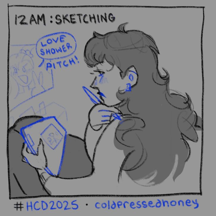 “12AM: SKETCHING” a profile shot from the chest up of me, sketching on my ipad while watching mermaid melody on my living room tv. “love shower, pitch!” is written next to the screen to indicate the mermaid princesses have finished their water demon defeating song.