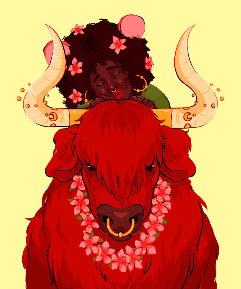 a black woman with a large textured afro filled with flowers sleeps atop a bright red ox (wearing a necklace of the same flowers). the woman has big pink mouse ears sticking out of her hair, and mouse whiskers on her cheeks. both the ox and woman wear matching nose rings.