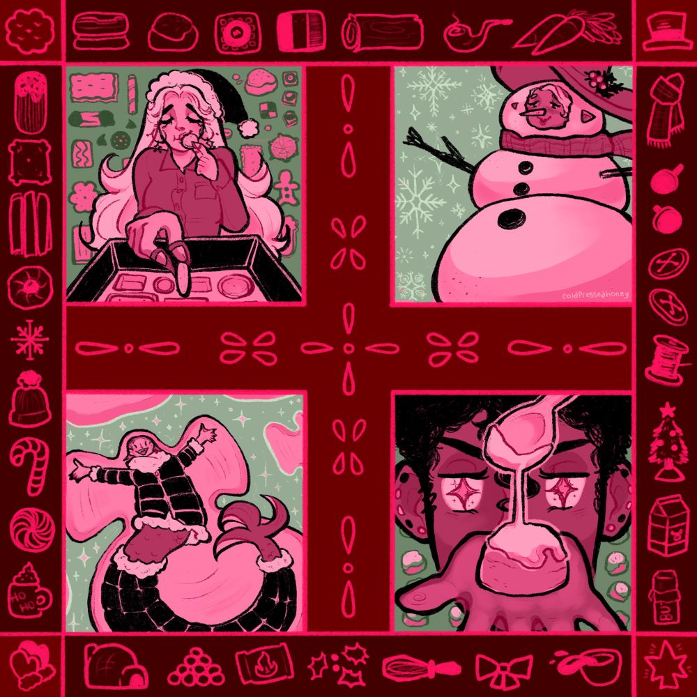 a digital illustration with a festive frame decorated with holiday iconography separating the piece into four squares. the top left features bird, eating christmas cookies from a big box as a pattern of cookies floats in the air behind her. her long white hair is held back by a santa hat, and her usual attire is swapped for christmas jammies. the top right features juniper inside of a snowman of her own creation, with her face and elven ears popping out of where the snowman’s would be, and a carrot comically placed upon her nose. her big witch hat has been placed atop the snowman, and is decorated with festive holly. the bottom left features ginger making snow angels on the ground, flipping her mermaid tail as she wiggles in the snow. she is wearing a big puffer jacket on her torso and a matching tail jacket of the same material. the bottom right features a close up shot of muses face, holding a christmas cookie to her sparkling eyes with her hand as she uses the other to slowly drizzle frosting onto the cookie from a spoon. a pattern of the same cookies decorates the background behind her.