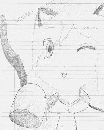 the same cat girl as the previous image, but drawn 15 years prior, drawn crudely in pencil on a school lined notebook sheet in black and white. the shading is choppy and inconsistent, and the hand from the earlier piece is hidden under a sleeve, as the young artist was not confident enough to draw it yet.
