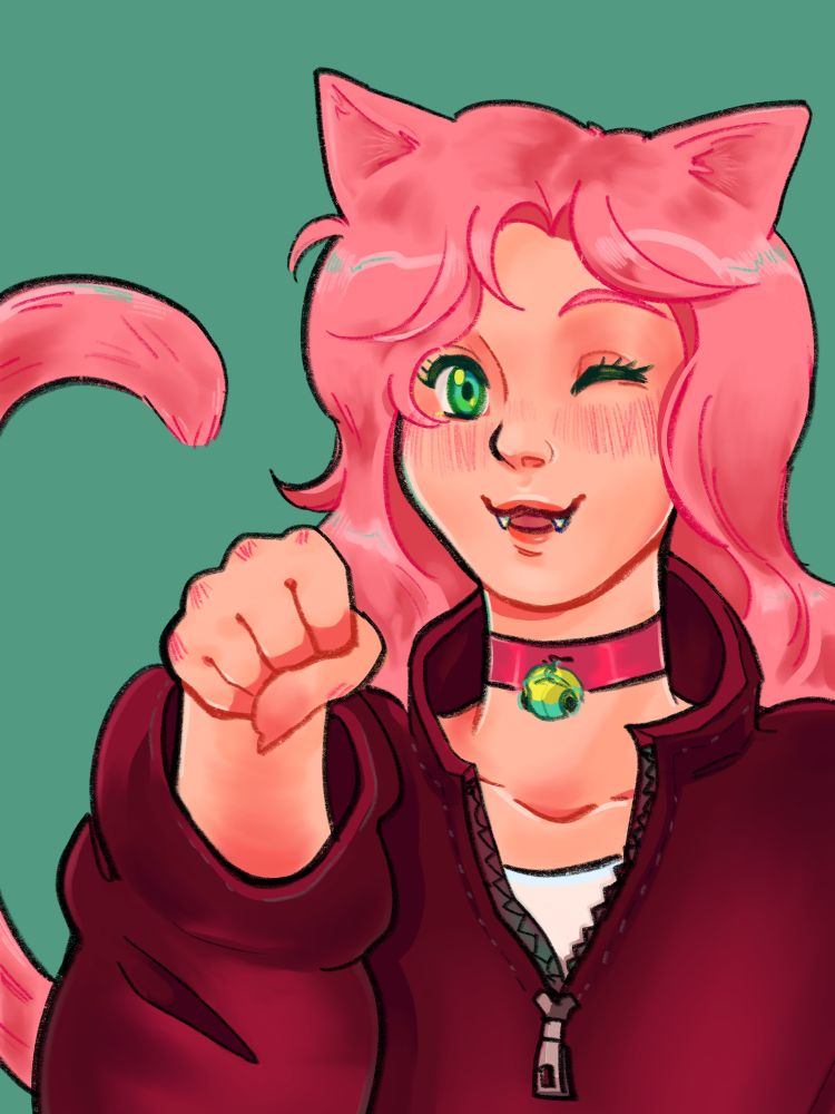 a digital drawing of a pink haired cat girl from the bust up. she has long hair, green eyes, and a pair of fangs hanging from her open mouthed smile. she is wearing a red choker with a gold bell on the collar and a maroon quarter zip jacket with a white shirt underneath. her right hand is raised up to her face in a “pawing” position, and she winks as her tail peaks into the frame from the side.