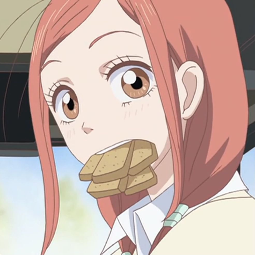 risa from lovely complex (specifically from the episode where her and otani oversleep before the big school trip and their classmates stuff their faces with snacks on the bus ride there)