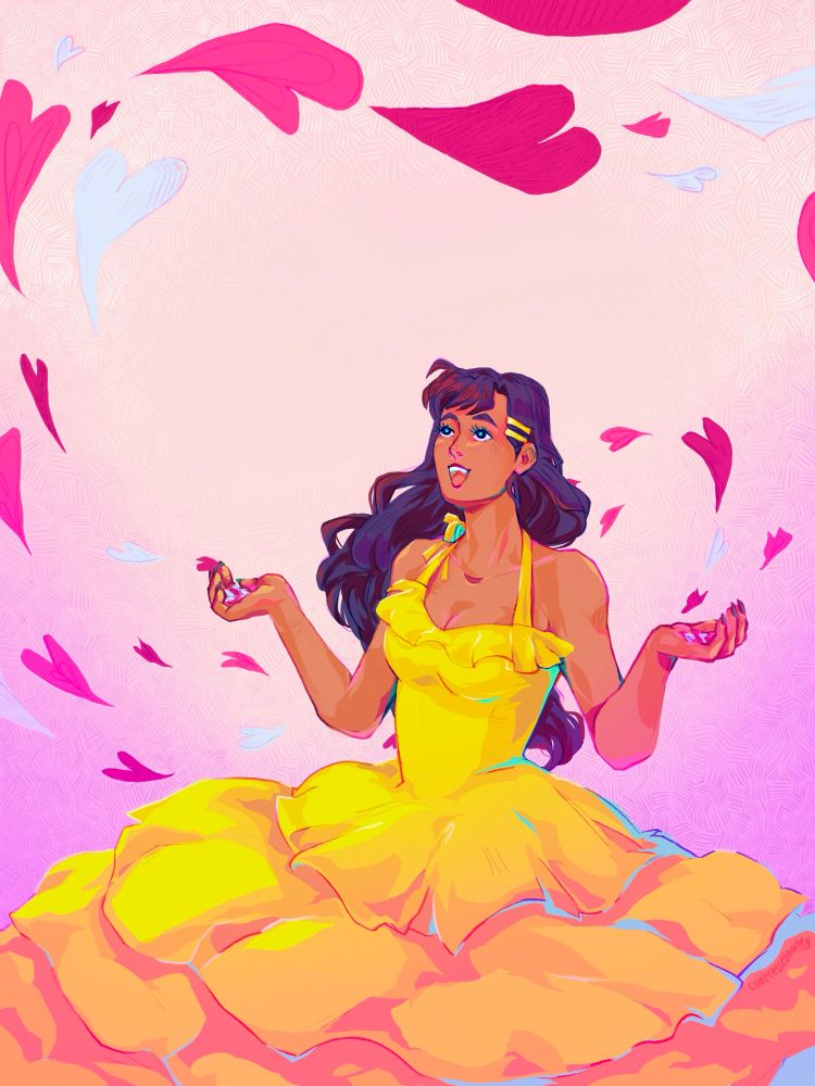 a digital illustration of my most beloved oc, luchia, in a big layered yellow dress with a pink backdrop. her mouth is open in excitement as she releases hundreds of small pink hearts from her palms.
