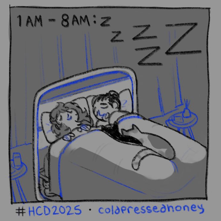 “1AM-8AM: zzZZZ” myself and my partner sleep soundly in our bed, two of our cats nestled between us, the third hiding under our bed, just barely visible in the bottom left corner.
