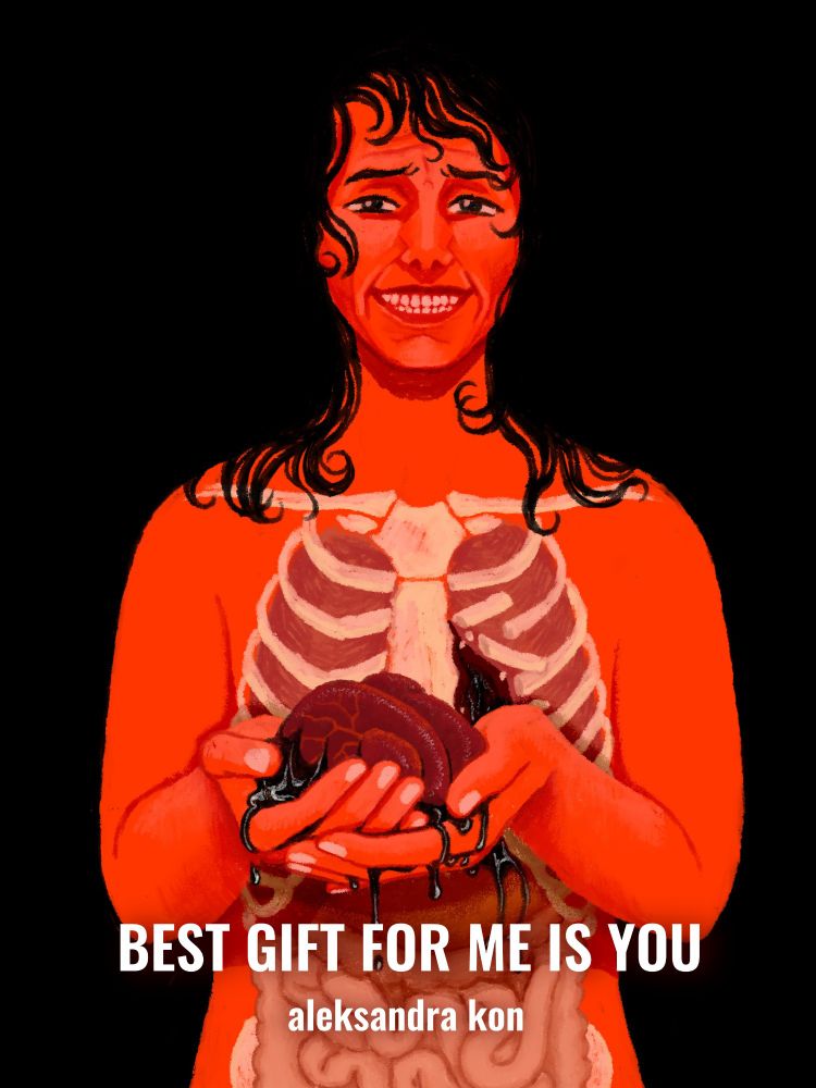 a person with red skin and visible organs and broken ribs is holding out their heart oozing out black liquid 