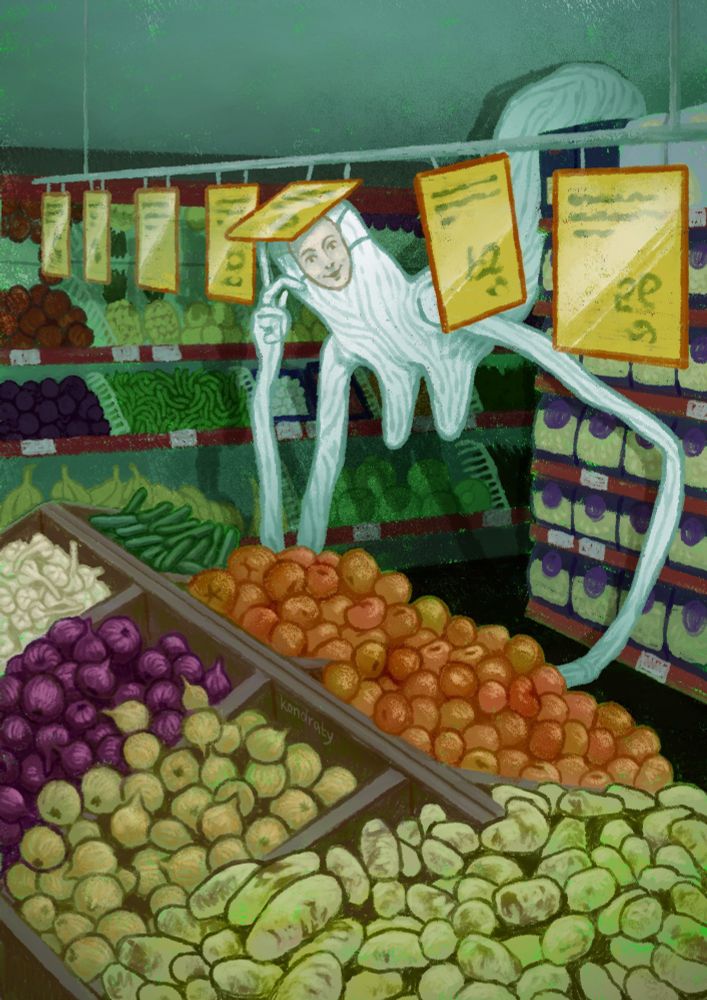 a store's vegetable section, a white creature with a human-face mask is peeking from behind the hanging price tags