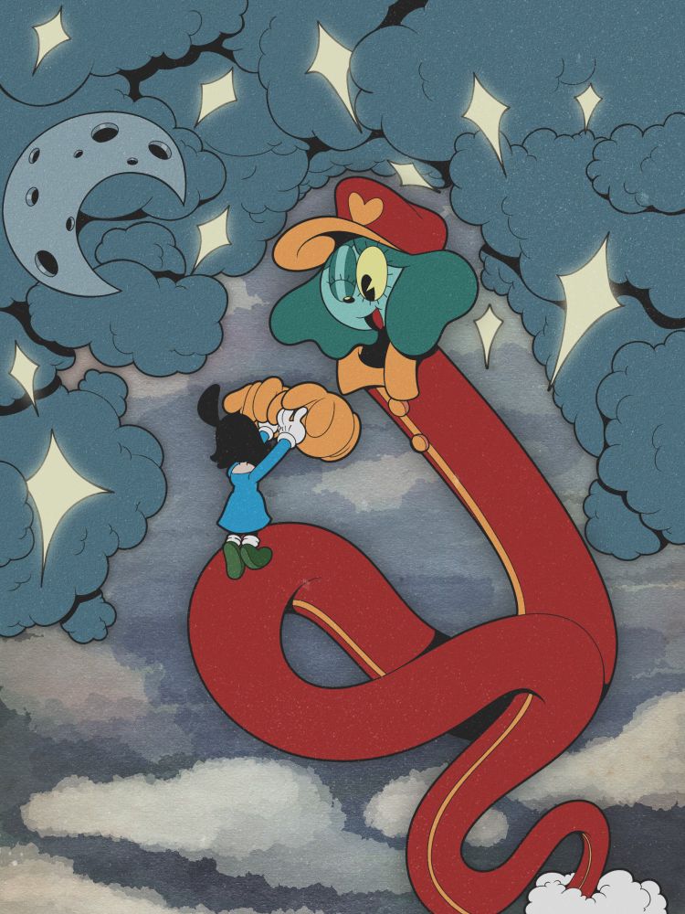 rubberhose cartoon drawing of a long monkey like creature with floating disconnected gloved hands, he wears a hat and button down coat, he is dancing in the stars with a black haired character with green shoes and a blue dress, stars and clouds surround them 