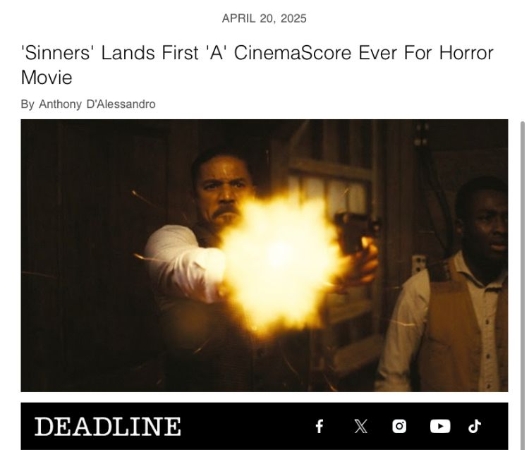 Movie Sinners scores an A Cinema Score! First ever for a horror film 
