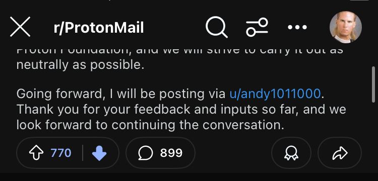 A post on ProtonMail Reddit where the CEO tells everybody his username is u/andy1011000